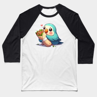 cute love birds are eating Mexican specialties, Tacos, Burritos, Enchiladas, Quesadillas, Guacamole, Fajitas, Chiles Rellenos, Tamales, Mole, Chilaquiles, Baseball T-Shirt